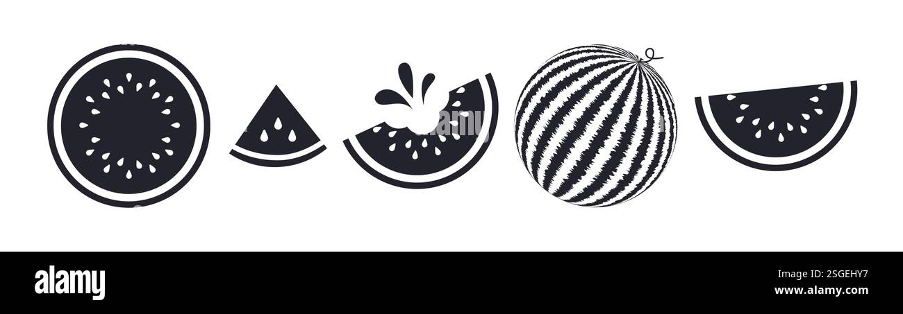 Set di clipart per frutta con silhouette anguria. Icona dell'anguria e simbolo della collezione di clip art disegnata a mano elementi di disegno dei frutti illustrazione vettoriale. Illustrazione Vettoriale