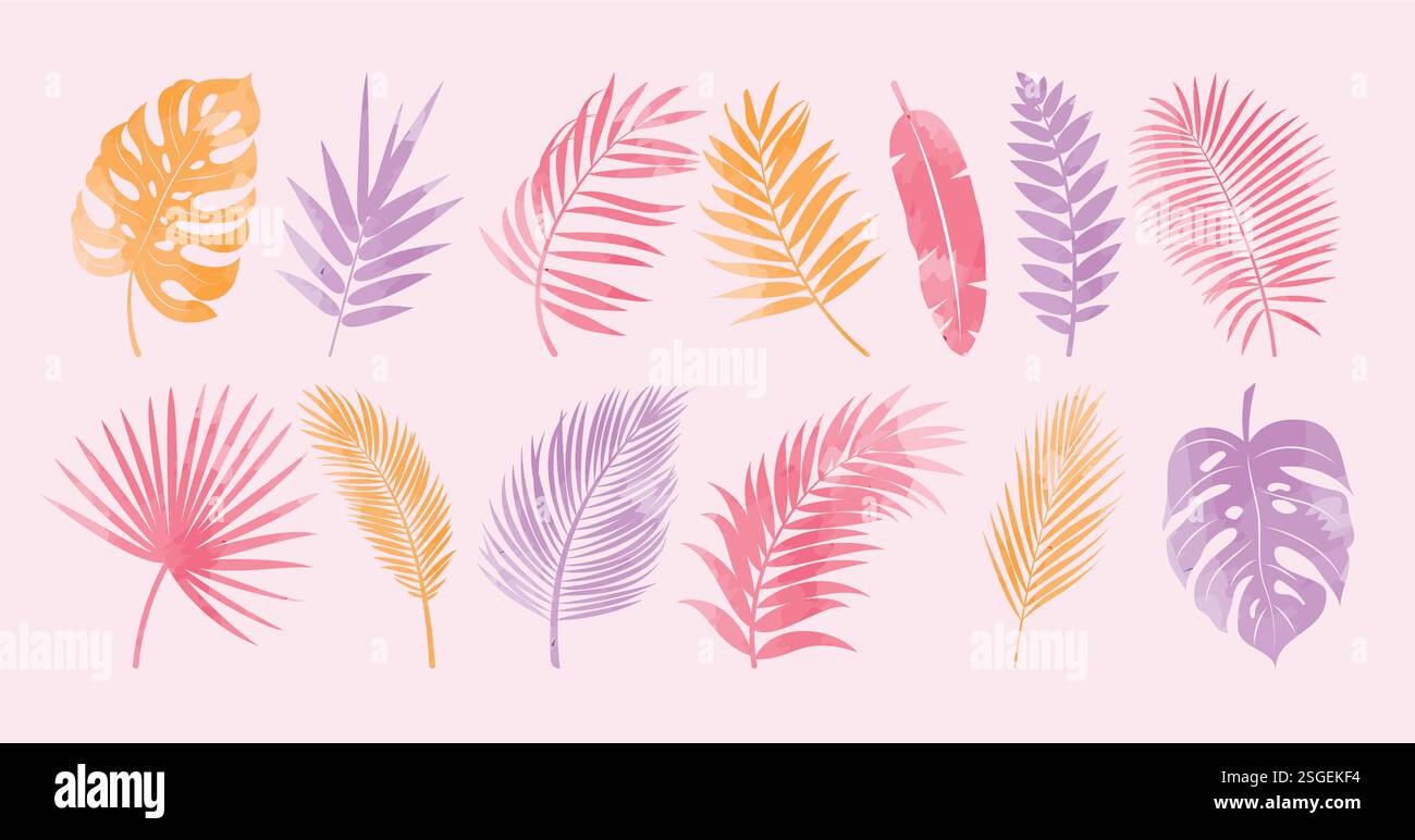 Lascia il set di clipart del disegno colorato. Icona clip art e elementi simbolo in rosso, arancione e viola, illustrazione vettoriale delle piante tropicali. Illustrazione Vettoriale