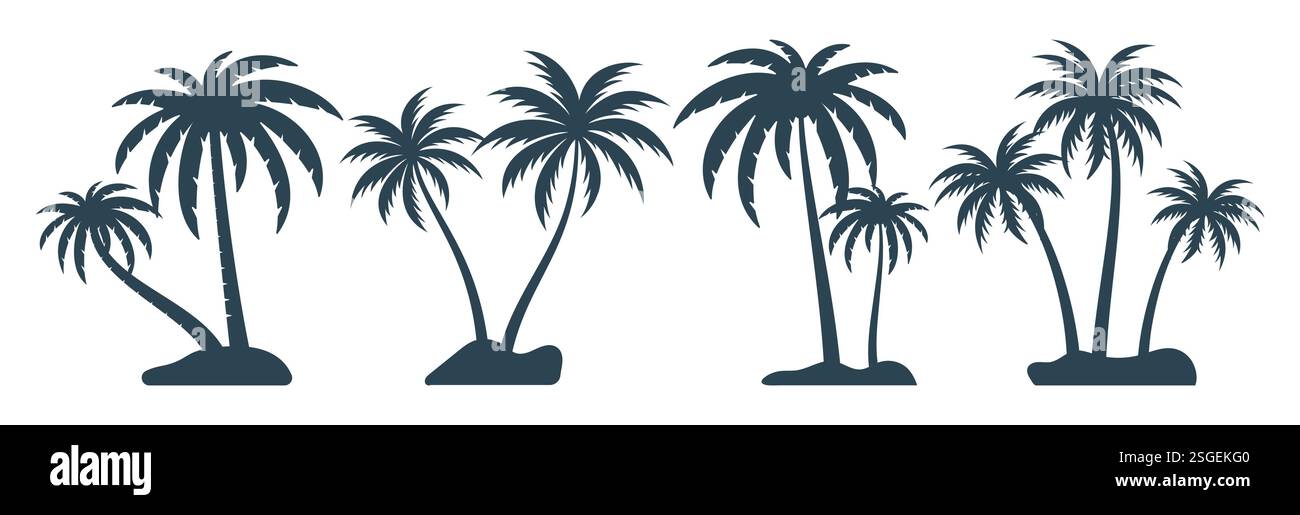 Set clipart silhouette palme. Icona clip art disegno albero tropicale cocco in illustrazione vettoriale della collezione di elementi disegnati a mano in nero. Illustrazione Vettoriale