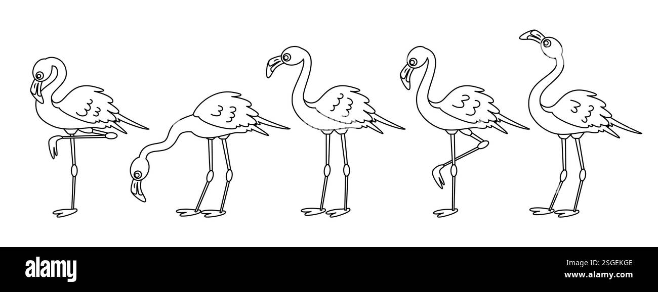Set clipart con contorno Flamingo. L'icona del fenicottero riproduce la collezione estiva di clip artistiche in diverse pose di disegno. Illustrazione Vettoriale
