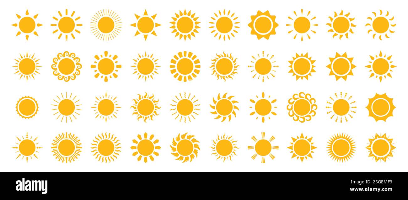 Set clipart icona Sole. Logo giallo con clip parasole e collezione di simboli in elementi grafici piatti estivi illustrazione vettoriale solare tropicale con varietà Illustrazione Vettoriale