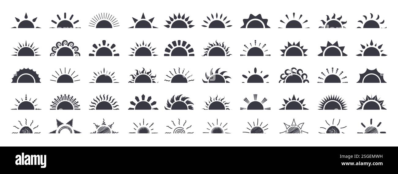 Set clipart icona silhouette a metà sole. Logo del sole e simbolo disegnano clip art in vettoriale della collezione di elementi grafici con orizzonte tramonto e alba Illustrazione Vettoriale