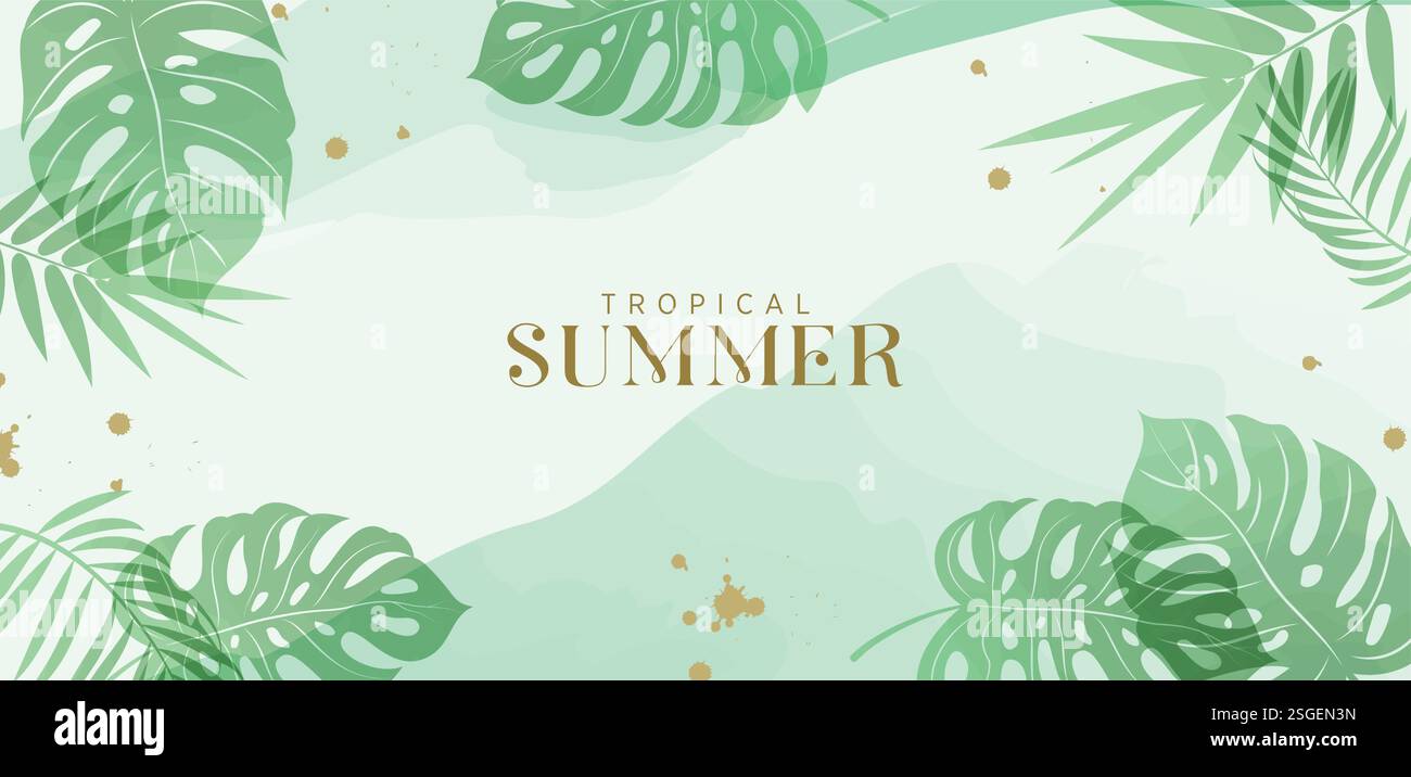 Design del banner clipart con sfondo astratto estivo tropicale. Testo estivo tropicale in clip art di sfondo astratto verde con bordo verde delle foglie Illustrazione Vettoriale