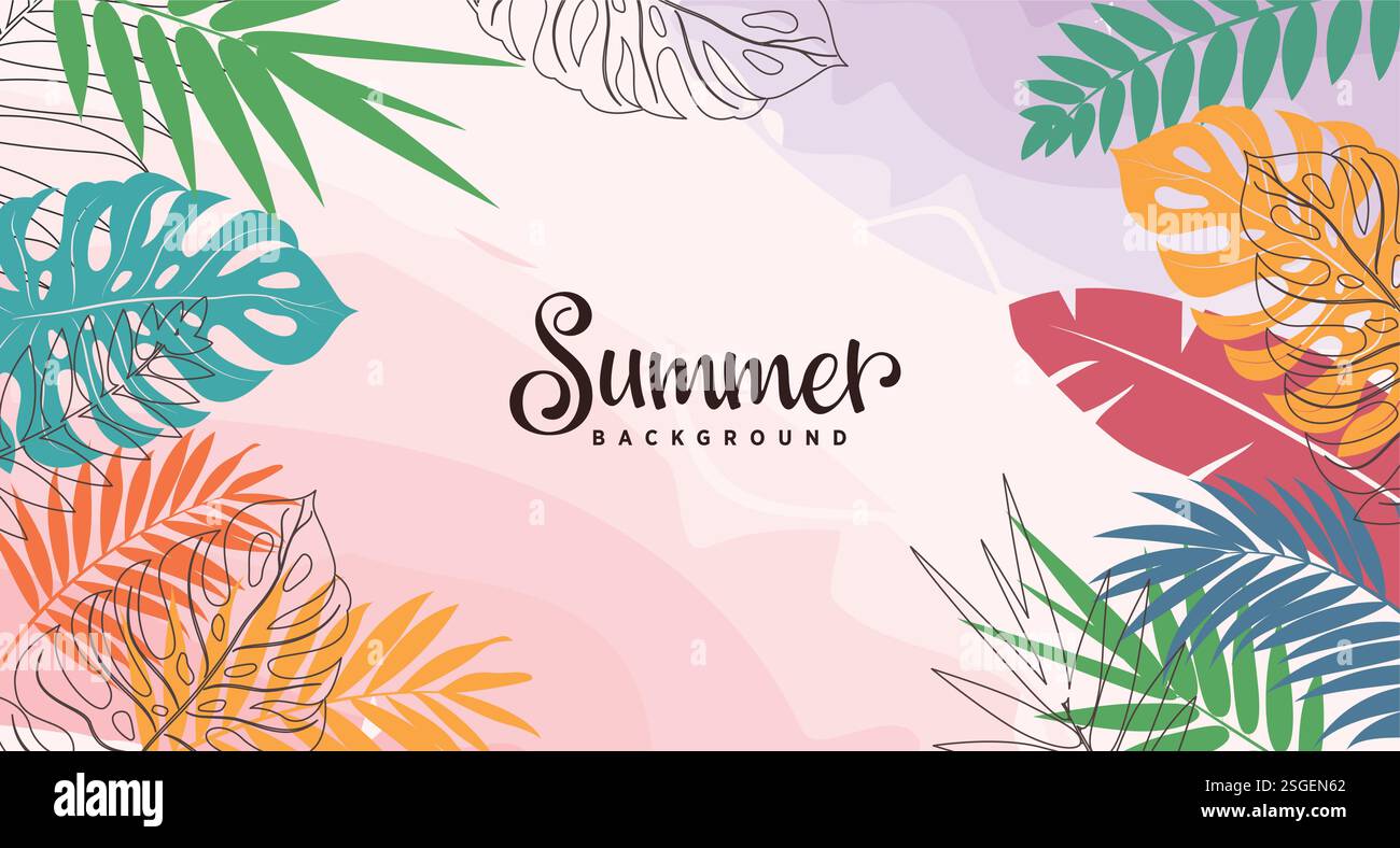 Disegno astratto clipart di sfondo estivo. Foglie astratte tropicali estive clip art di sfondo con contorno a foglie colorate come Monstera, palma, Illustrazione Vettoriale