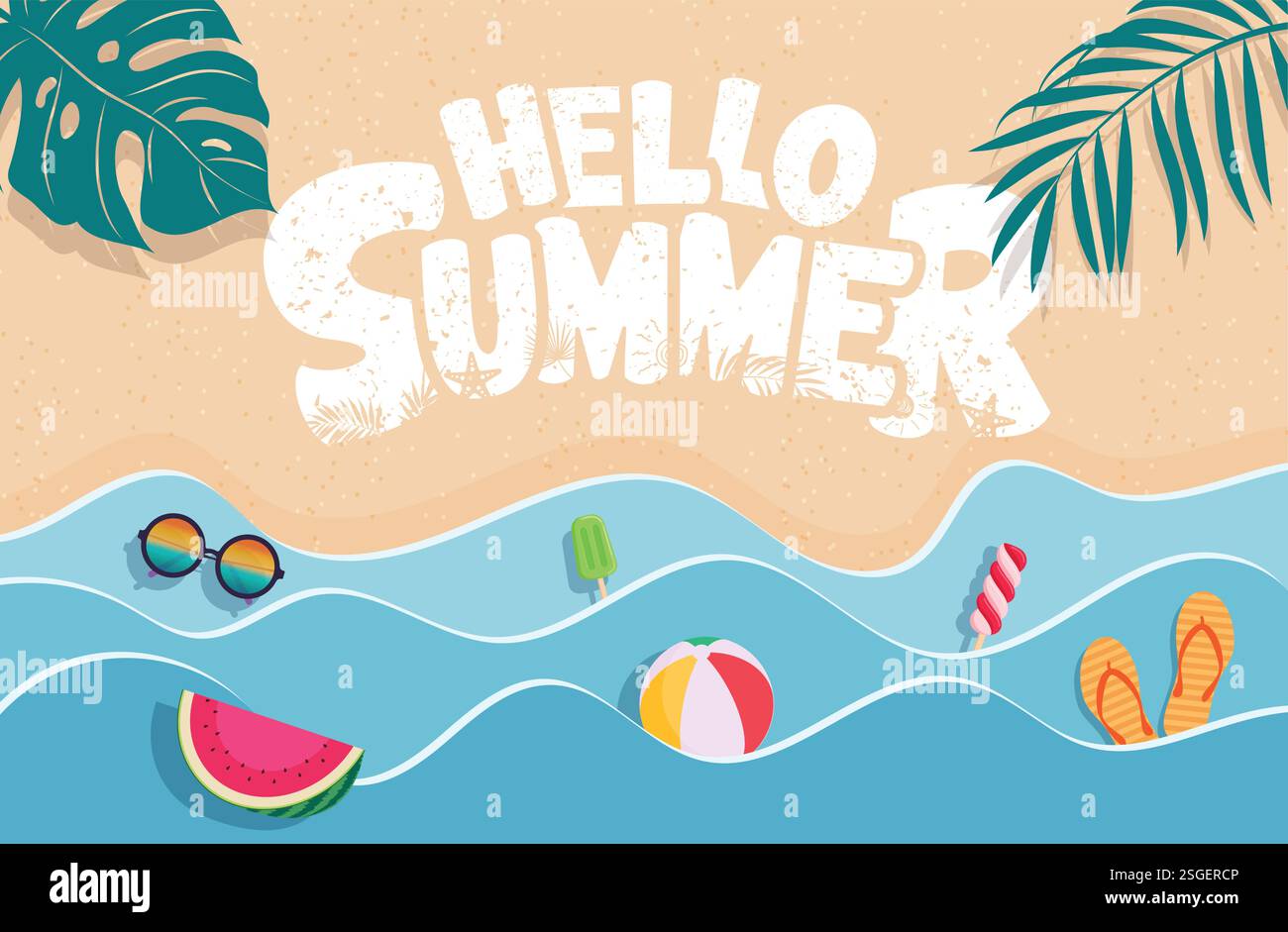 Buongiorno, design del poster clipart dello sfondo estivo. Clip art di testo per il saluto estivo in stile Sea Wave tagliato in carta, sabbia, foglie ed elementi tropicali Illustrazione Vettoriale