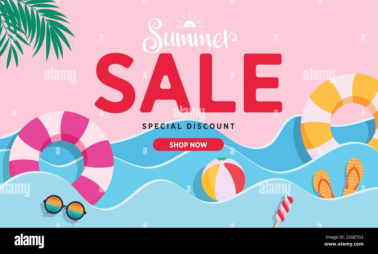 Design del poster clipart di sfondo per la vendita estiva. Clip art di testo in saldi estivi con onde marine tagliate in carta con elementi tropicali per le vacanze speciali Illustrazione Vettoriale
