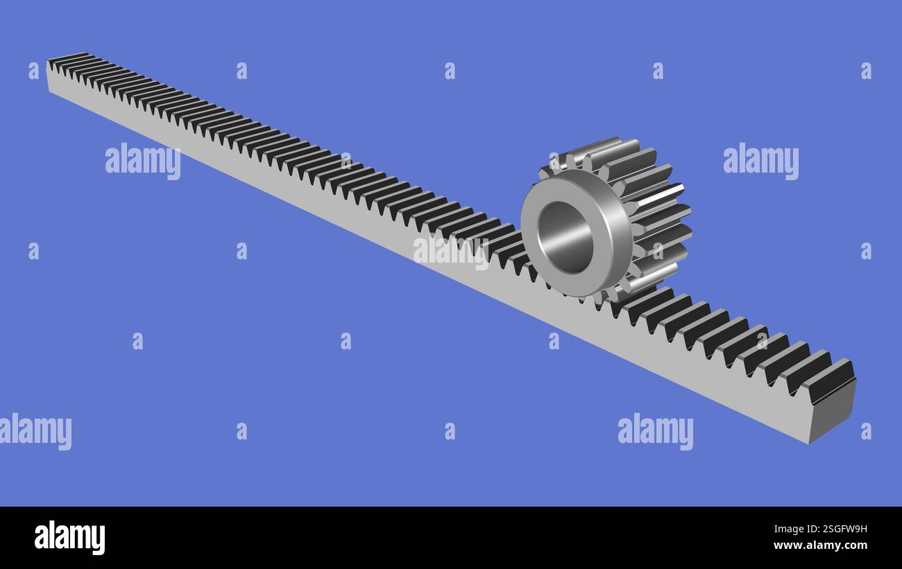 Pignone e cremagliera dell'ingranaggio. Denti dritti. Componente meccanico. Rendering 3D. Foto Stock