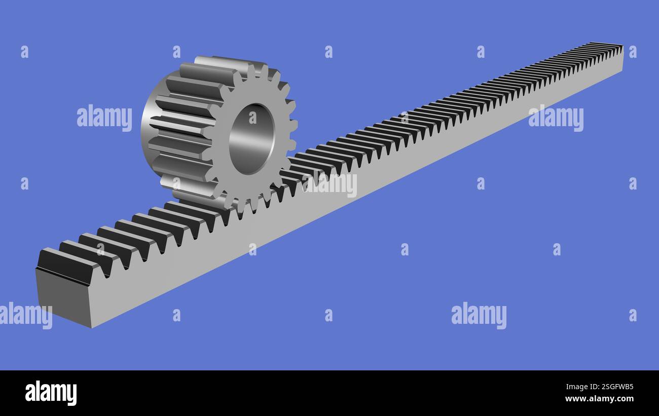 Pignone e cremagliera dell'ingranaggio. Denti dritti. Componente meccanico. Rendering 3D. Foto Stock
