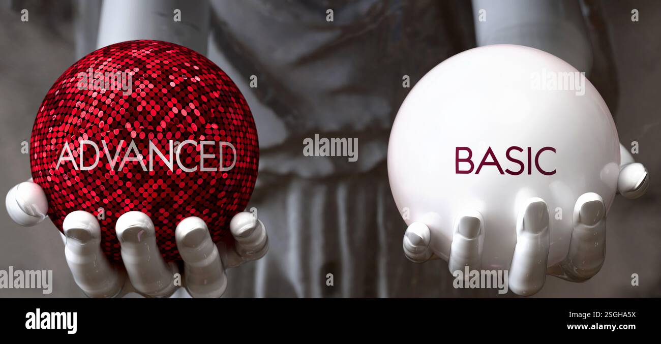 Avanzato o di base - consente di scegliere tra due opzioni. Statua greca che presenta una scelta: Avanzata o di base, pesando i loro valori. Guardando ai pro e ai contro. Foto Stock