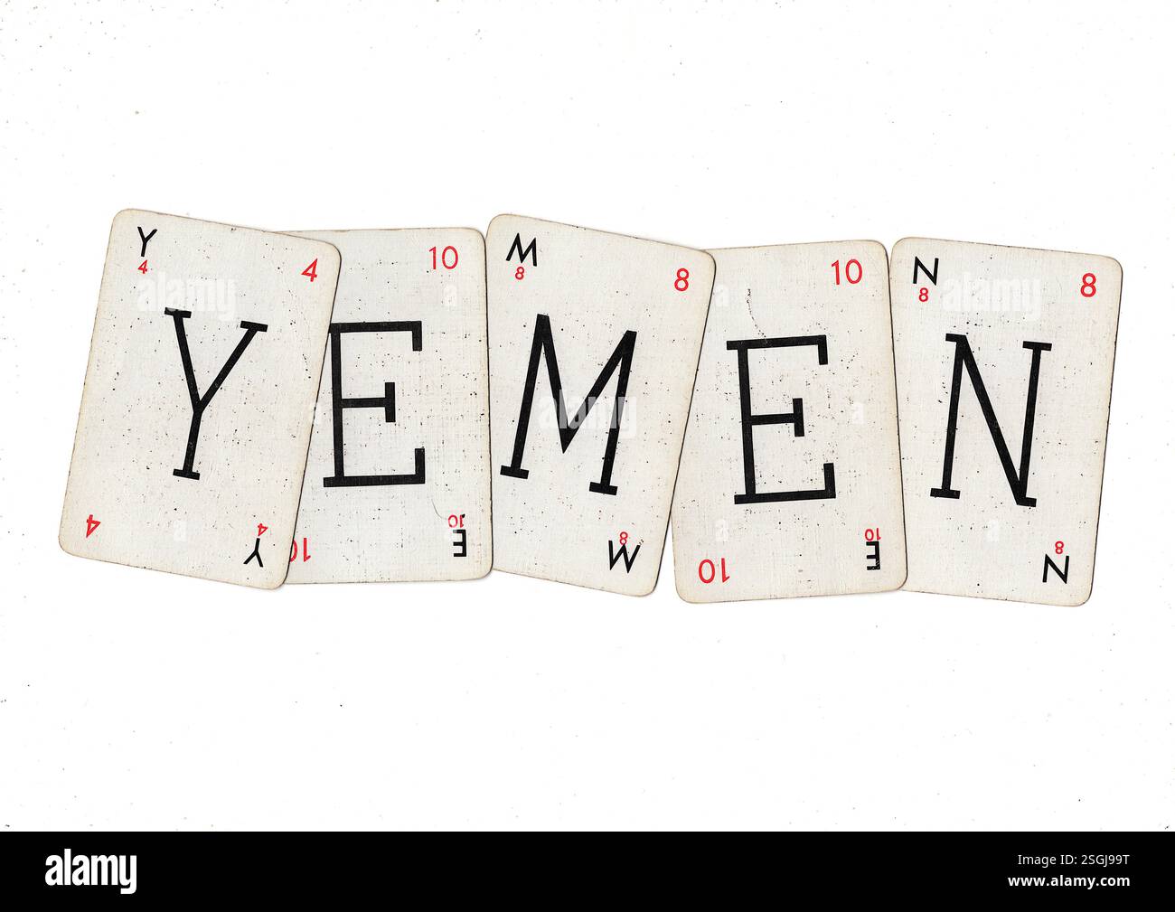 Giochi di parole d'epoca a carte che scrivono LO YEMEN isolato su uno sfondo bianco. Foto Stock