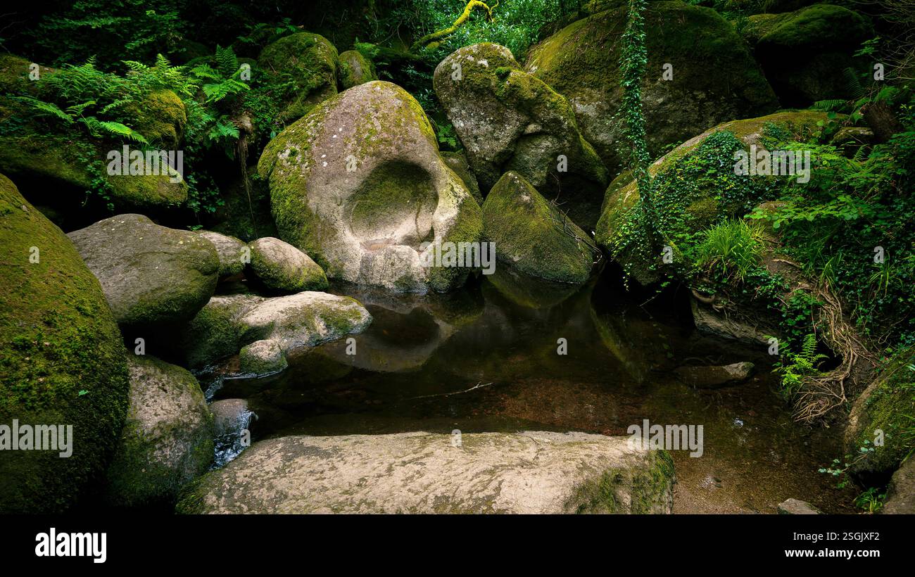 Una splendida piscina nella foresta di Huelgoat, che sembra una leggenda arturiana, un mito celtico o un film fantasy degli anni '1980 Foto Stock