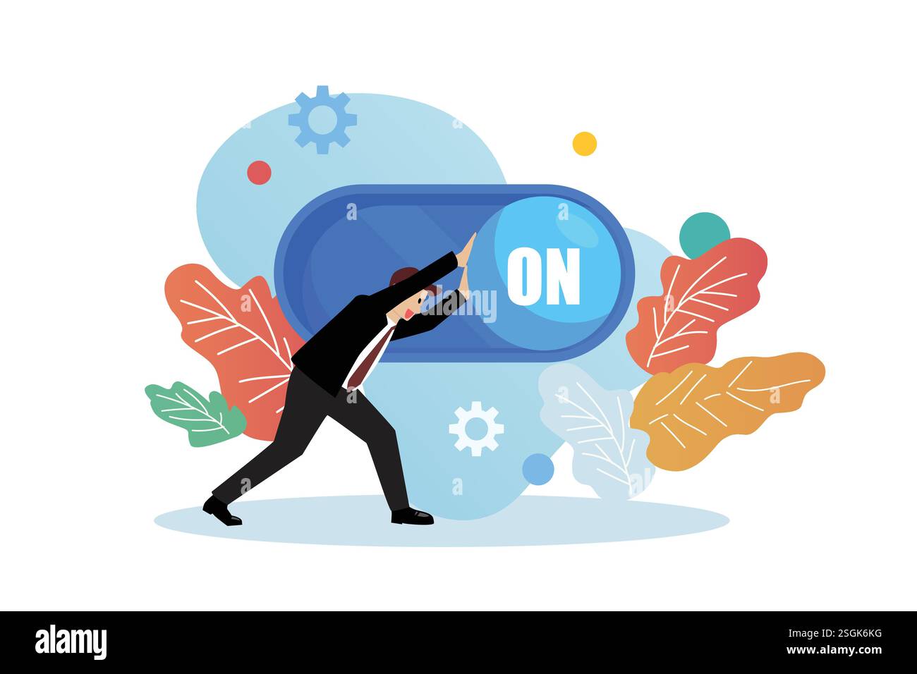 Uomo d'affari spegnere l'interruttore. Fallimento nello sviluppo della carriera. concetto di crisi. Concetto di business Illustrazione Vettoriale