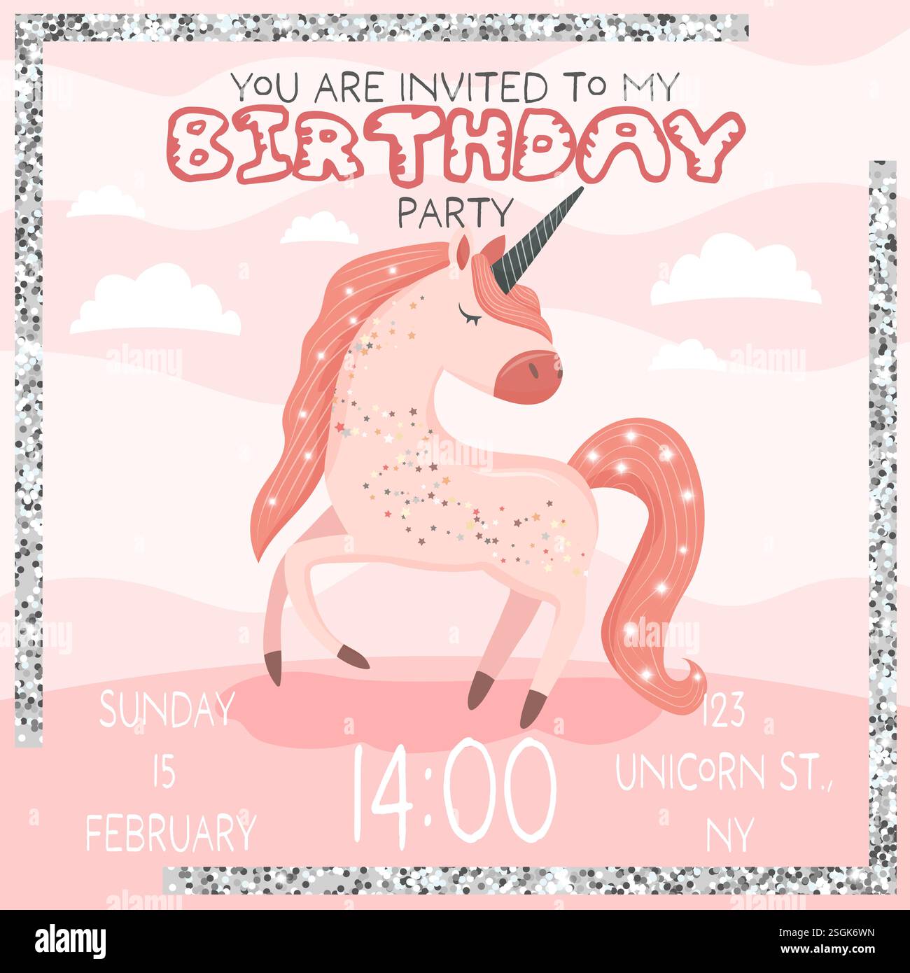 grazioso invito per il compleanno dei bambini con unicorno nei colori rosa Illustrazione Vettoriale