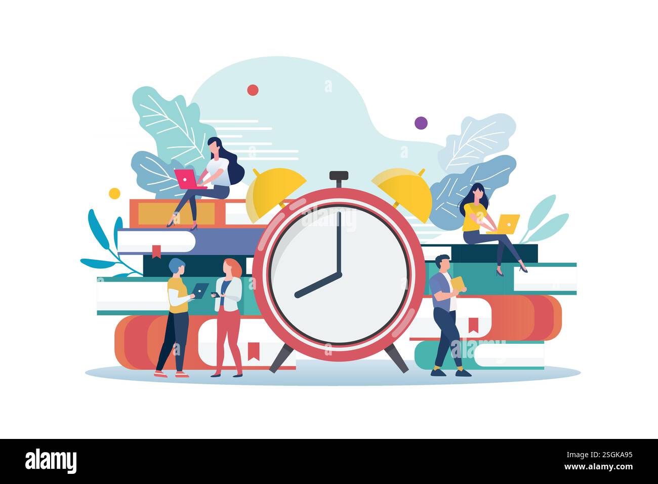 Piccoli uomini d'affari con sveglia e pila di libri. concetto aziendale di illustrazione vettoriale Illustrazione Vettoriale