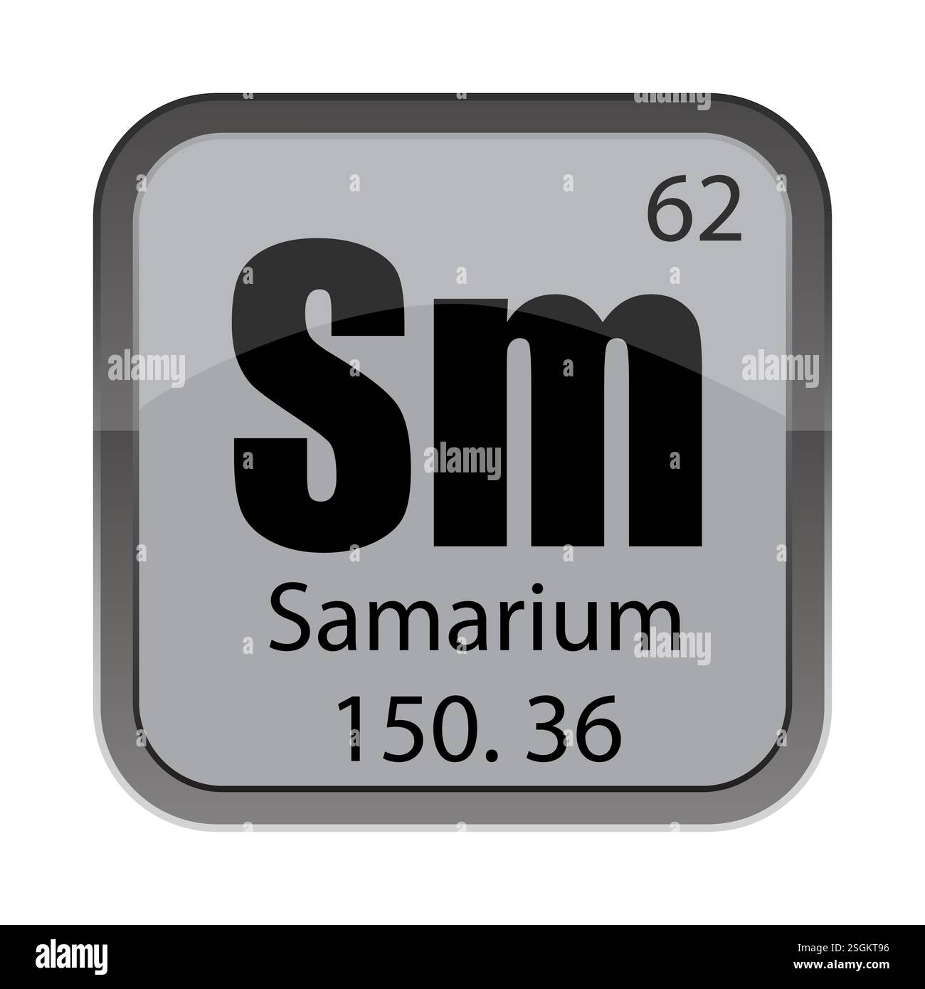 SM samarium 62. Sessantadue simboli. Massa atomica 150.36. Piastrelle in metallo grigio. Illustrazione Vettoriale