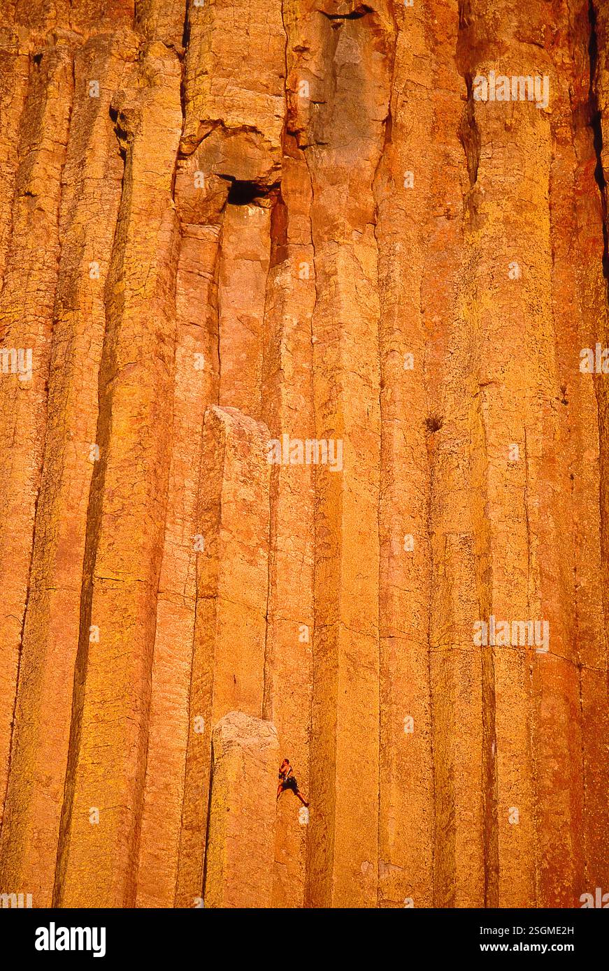 L'arrampicatore solitario si arrampica sulla Devols Tower nel Wyoming. Foto Stock