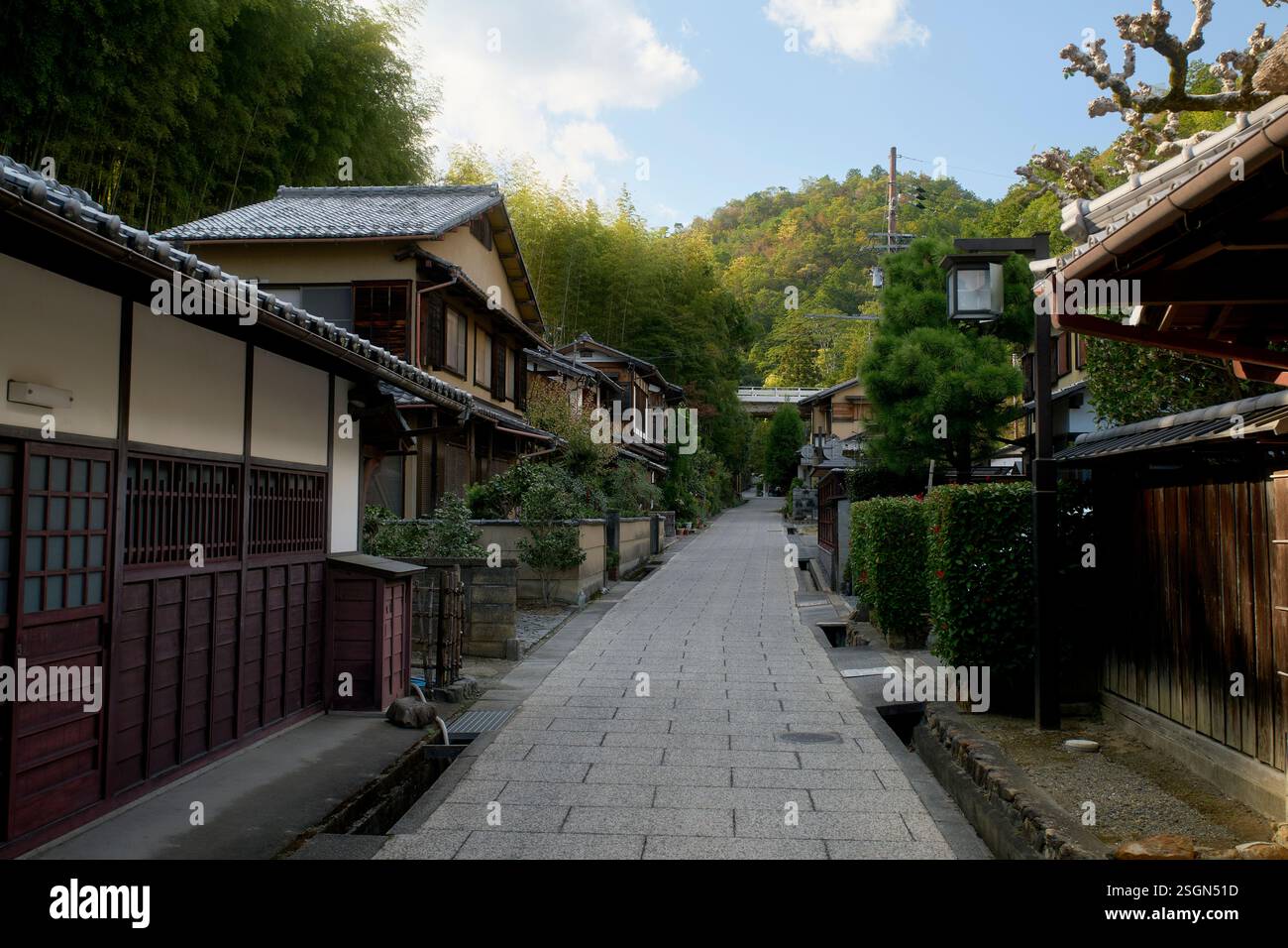 Tradizionale strada giapponese con storiche case in legno e lussureggiante vegetazione sotto un cielo limpido. Kyoto, Giappone Foto Stock