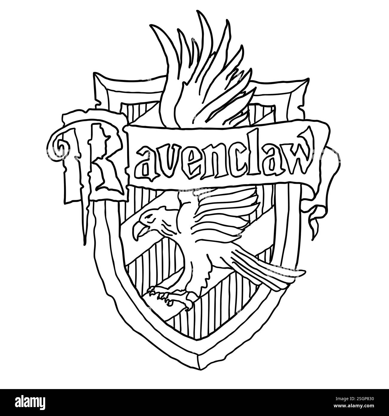 Logo di Harry Potter Ravenclaw in stile doodle. Hogwarts Legacy. Scuola magica di stregoneria e stregoneria. Illustrazione vettoriale isolata su wh Illustrazione Vettoriale