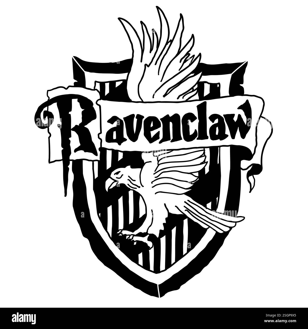 Logo di Harry Potter Ravenclaw in stile doodle. Hogwarts Legacy. Scuola magica di stregoneria e stregoneria. Illustrazione vettoriale isolata su wh Illustrazione Vettoriale
