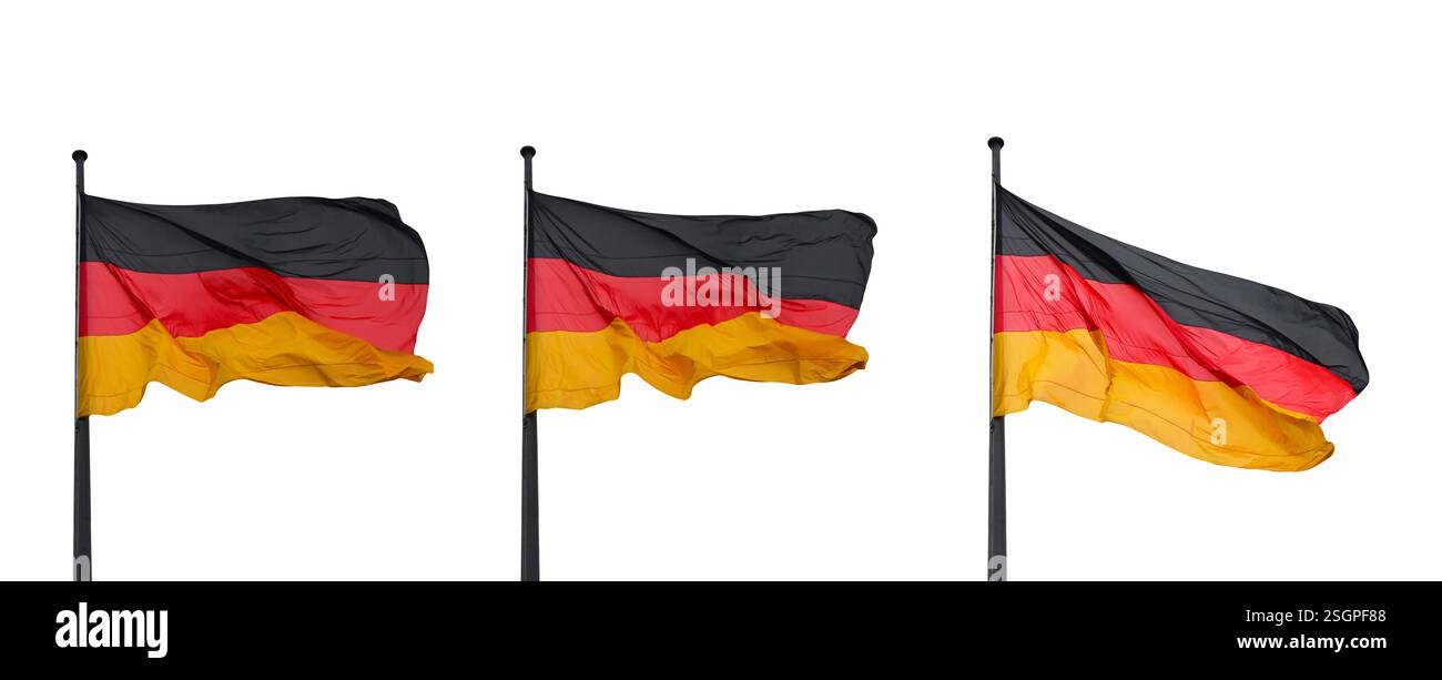 Tre tipi di bandiera della Germania su palo isolato su bianco, sentiero di ritaglio, Foto Stock