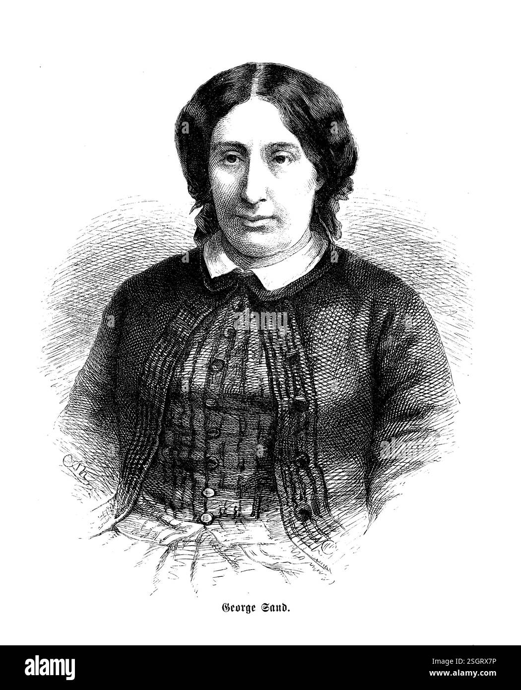 George Sand (1804-1876) questa incisione del XIX secolo raffigura George Sand (Amantine Aurore Lucile Dupin de Francueil), il pioniere romanziere e memoista francese, riconosciuto per il suo distinto aspetto androgino. Nota per la sua audace voce letteraria, ha infranto le norme sociali e divenne un simbolo dei movimenti letterari e femministi del suo tempo. Foto Stock