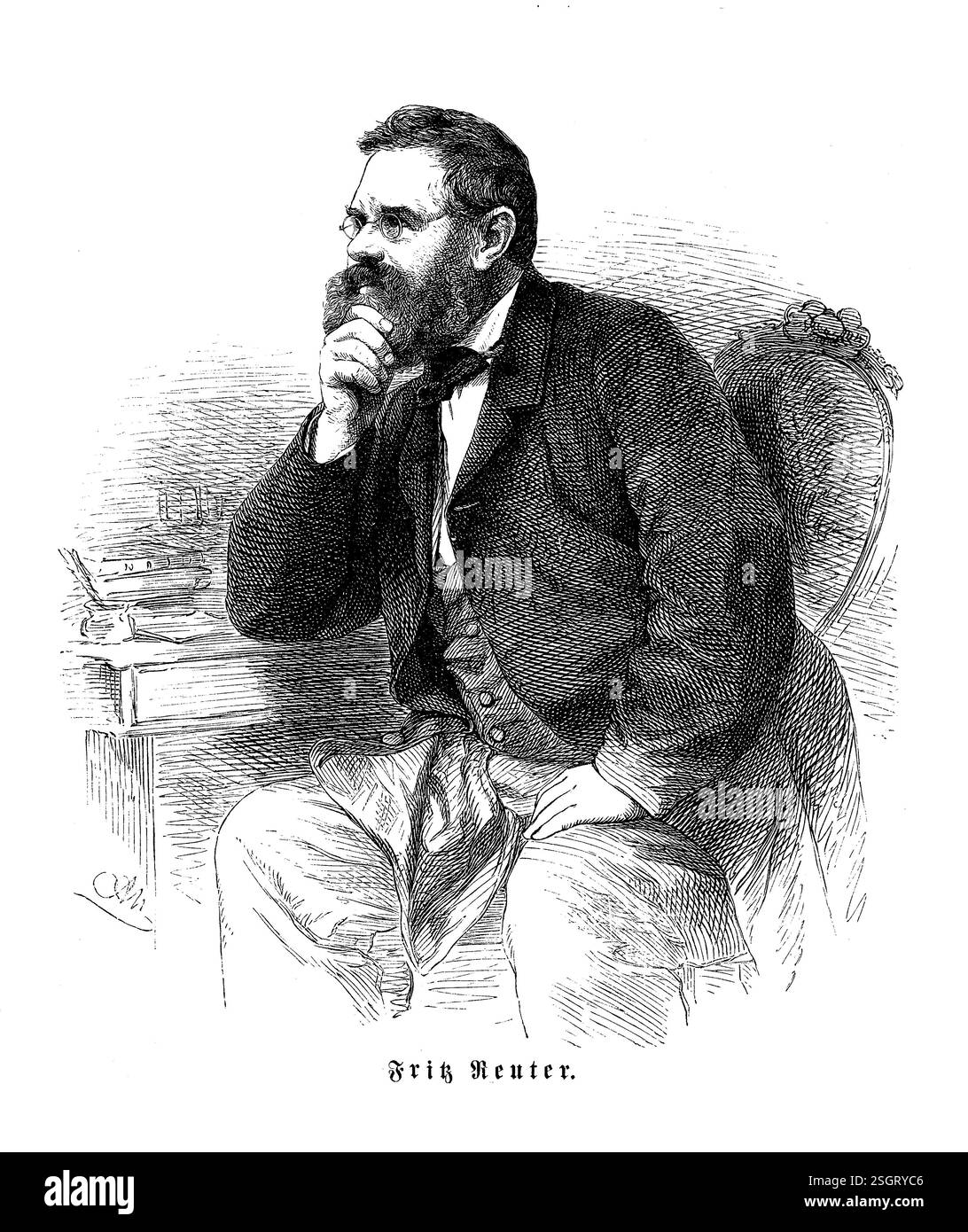 Fritz Reuter (1810-1874) questa antica incisione raffigura Fritz Reuter, romanziere e poeta tedesco del XIX secolo. Noto per le sue opere in dialetto basso tedesco, il suo ritratto riflette l'arguzia e la creatività che hanno definito i suoi contributi alla letteratura, in particolare le sue storie di vita rurale Foto Stock