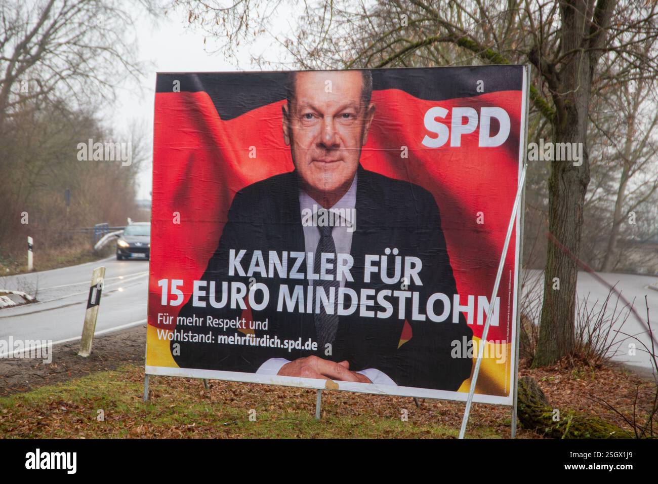 Limburgerhof: OLAF Scholz (SPD) campagna per un salario minimo di € 15,00 (all'ora) su un manifesto elettorale per le elezioni del Bundestag Foto Stock