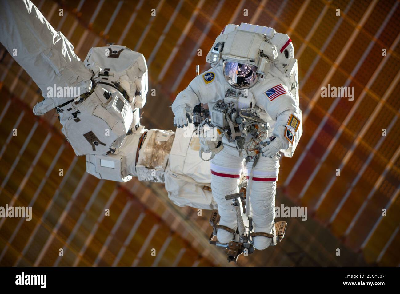 ISS - 30 gennaio 2025 - l'astronauta della NASA e il comandante della spedizione 72 Suni Williams è attaccato al braccio robotico Canadarm2 che si aggancia all'effettore finale del braccio robotico Foto Stock