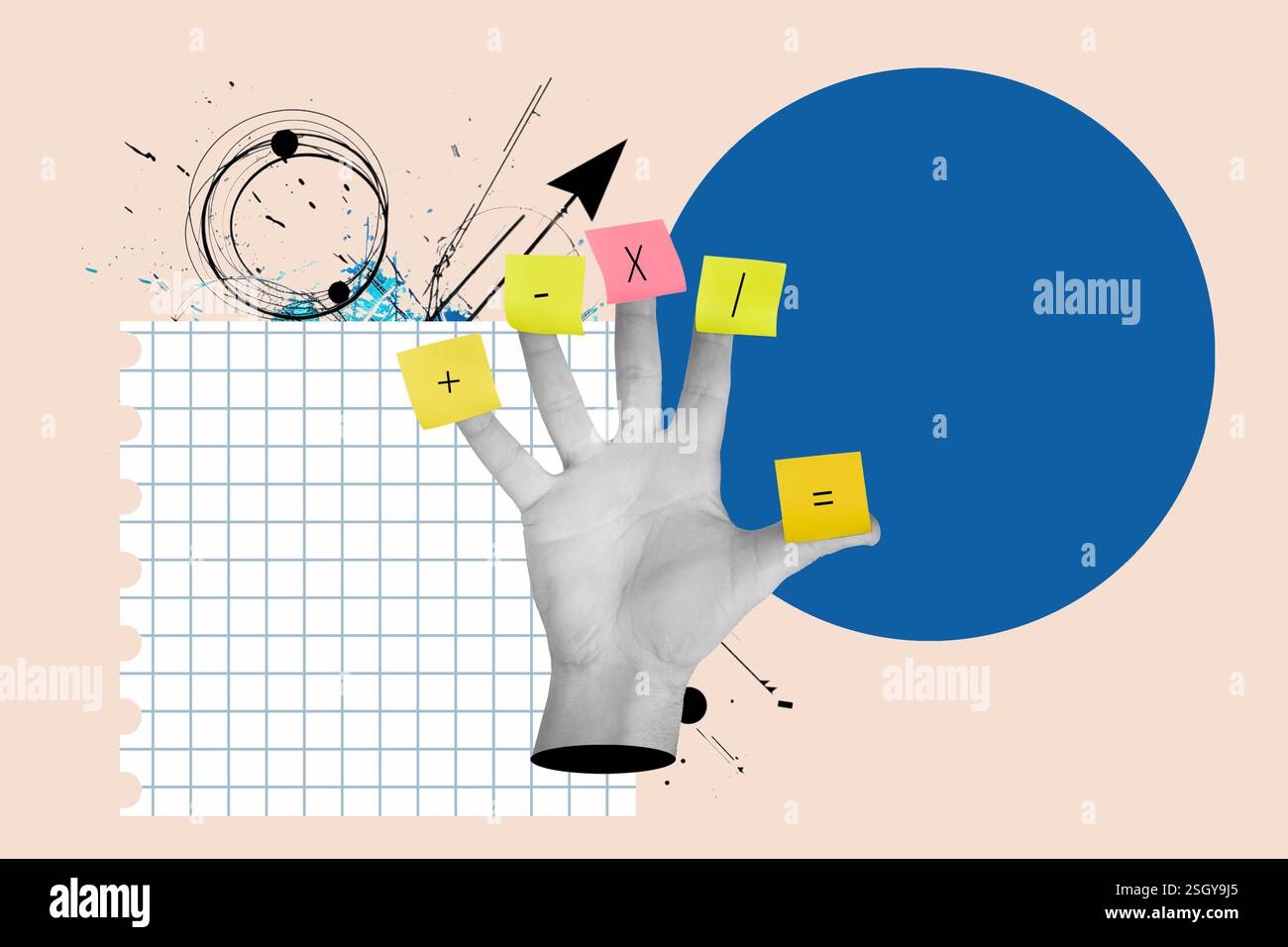 Carta adesiva colorata con simboli matematici incollati sulle dita di un uomo su un foglio quadrato e su un cerchio blu Foto Stock