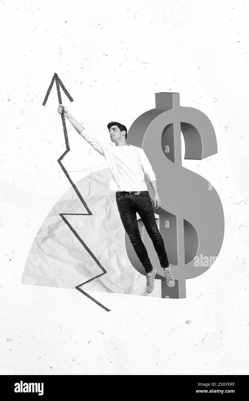 Immagine collage verticale di determinato mini effetto bianco nero mano tipo tenere appendere freccia crescente verso l'alto isolato su sfondo dipinto Foto Stock