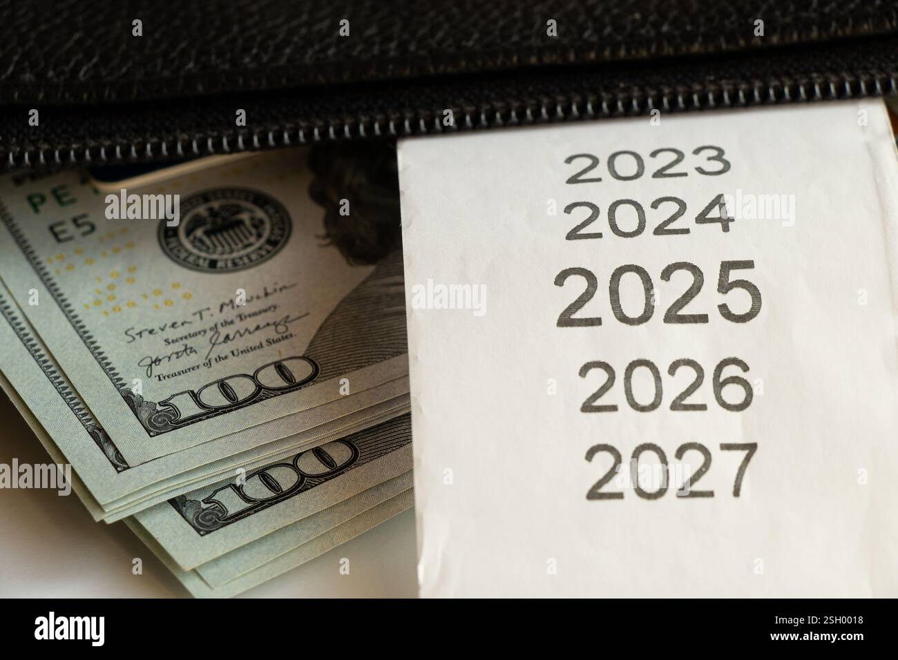 Elenco degli anni dal 2023 al 2027 su una ricevuta di cassa e cento dollari, anno 2025 su una ricevuta e finanze Foto Stock