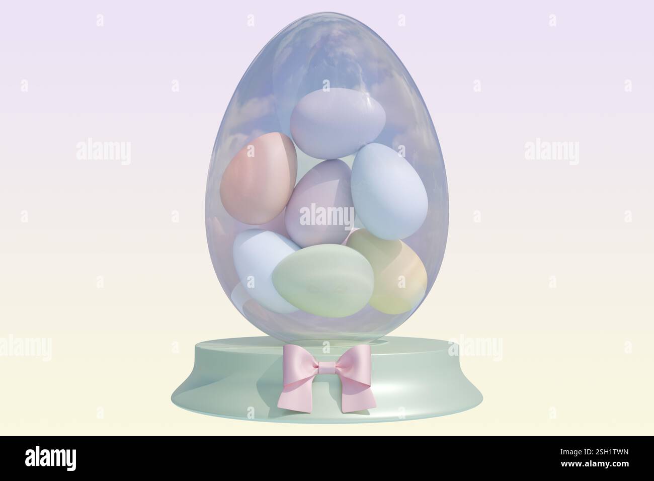 Esposizione di uova di Pasqua con uova color pastello all'interno di un uovo decorativo di vetro. rendering 3d. Foto Stock