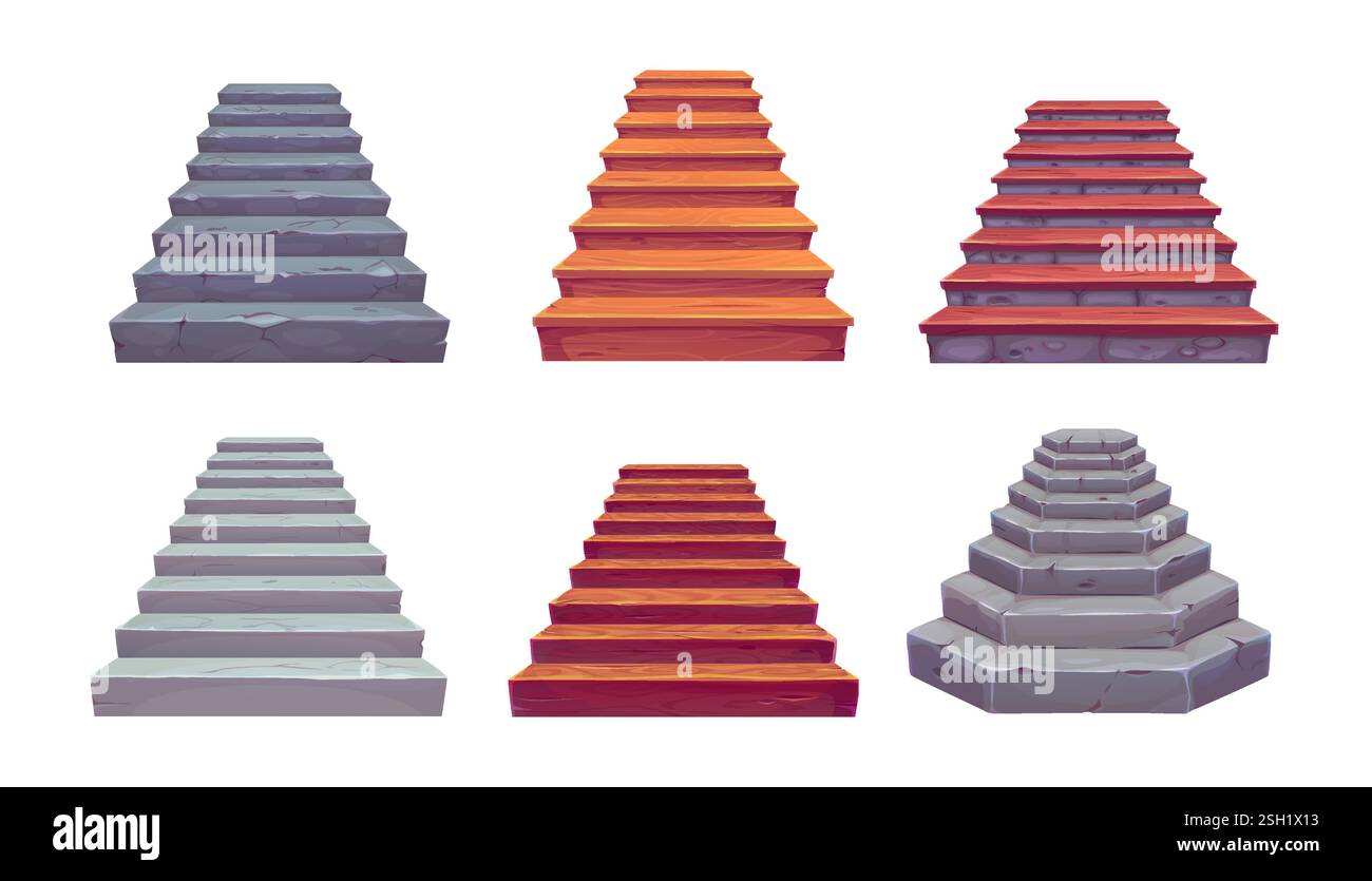 Scala in legno e pietra del castello, scala dei cartoni animati, realizzazione di giochi vettoriali o elementi architettonici. Gradini in legno marrone, pietra o marmo vecchio Illustrazione Vettoriale