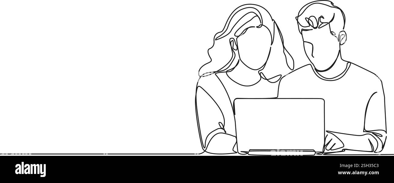 disegno continuo di un uomo e di una donna che guardano lo schermo di un notebook, illustrazione vettoriale line art Illustrazione Vettoriale