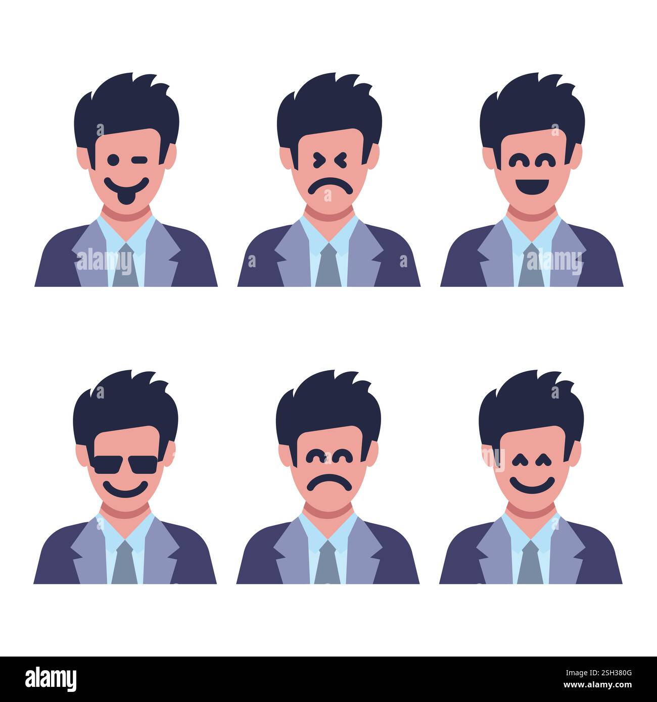 Un gruppo di sei uomini con diverse emozioni facciali. Volto umano con carattere emoji. Illustrazione vettoriale Illustrazione Vettoriale