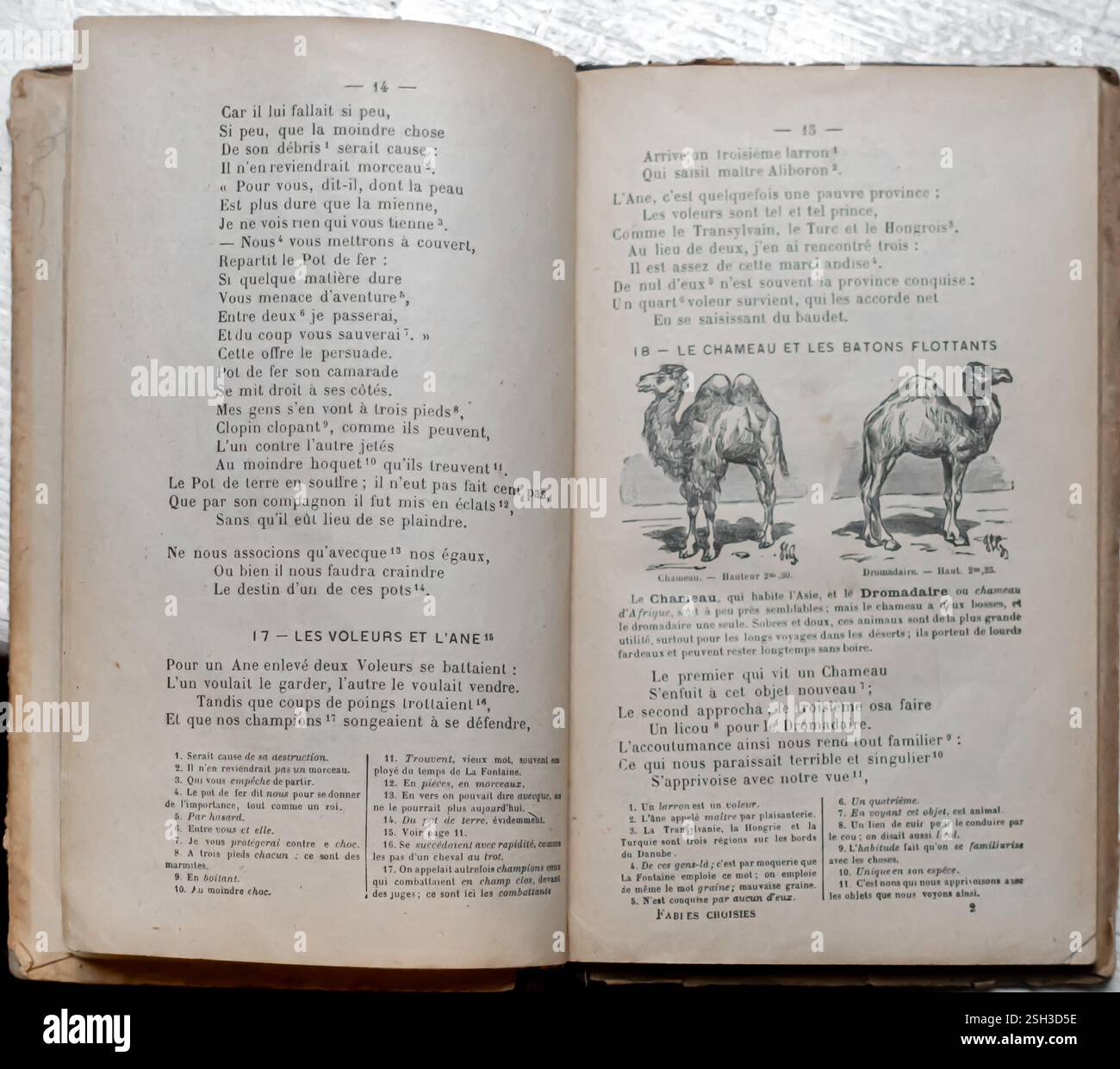 La Fontaine - Choix de Fables - 36a edizione - Armand Colin, Parigi, Francia, 1910 pp 14-15 - Les voleurs et l'ane Foto Stock
