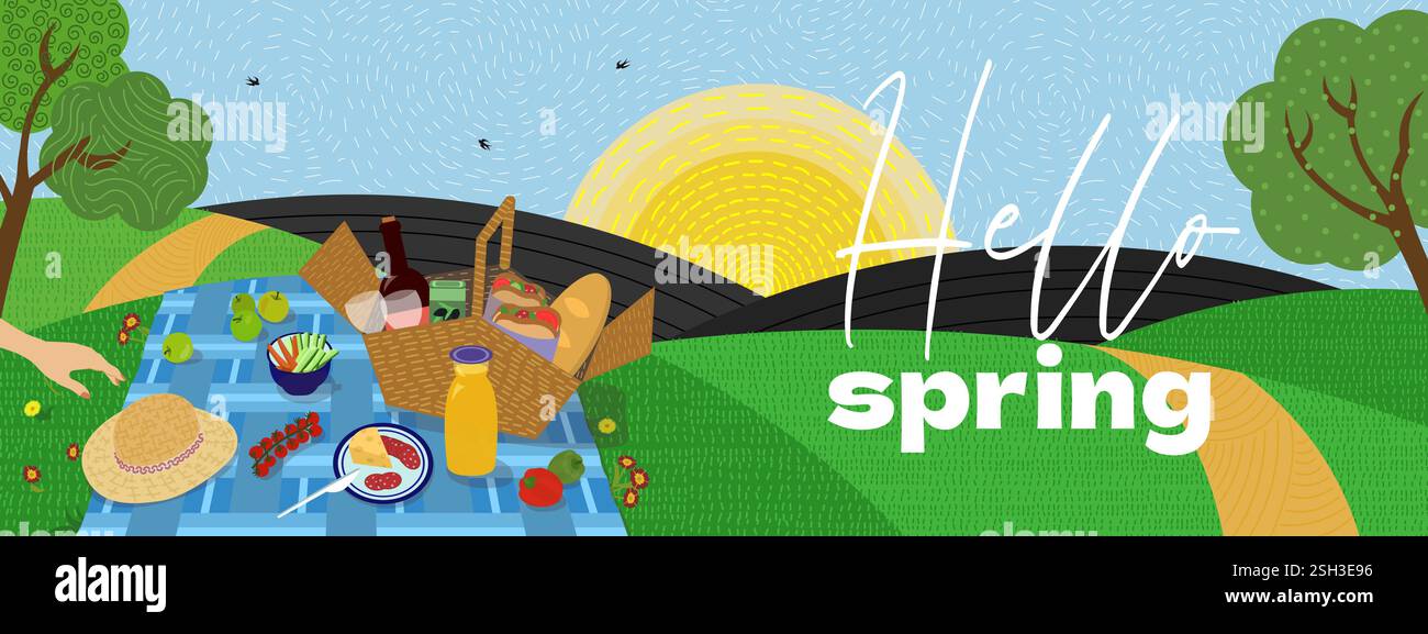 Allegre illustrazioni primaverili con picnic nel parco verde sullo sfondo dei campi. Coprire l'erba e il cestello con gli alimenti. Ideale per banner stagionali, biglietti di auguri e volantini per eventi all'aperto. Illustrazione Vettoriale