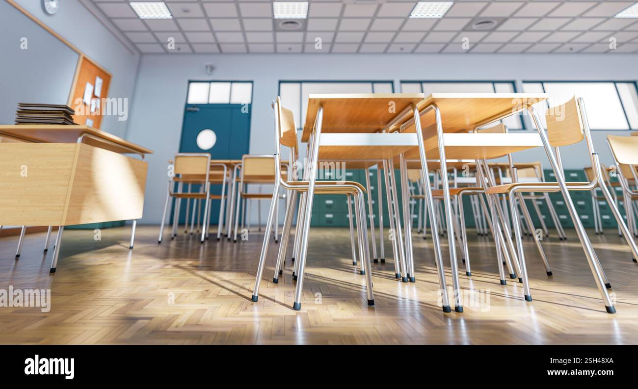 Aula vuota con tavoli in legno, sfondo 3d. Foto Stock