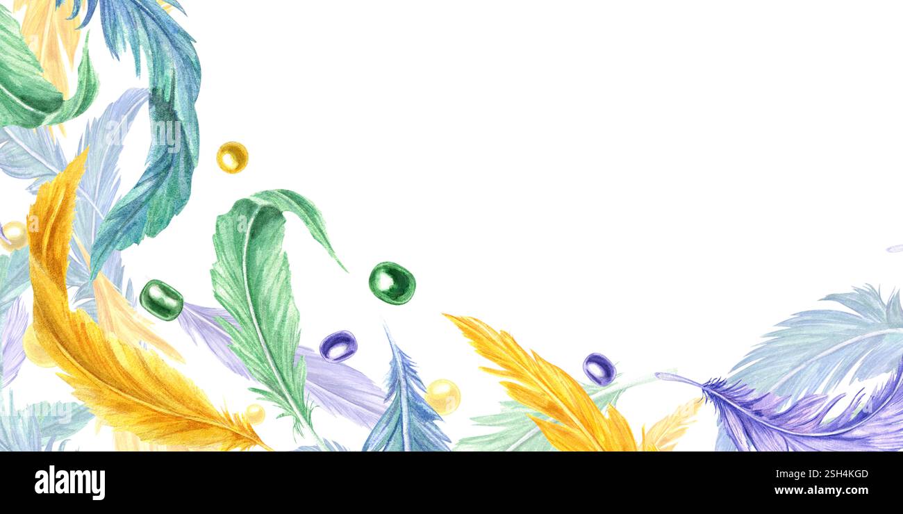 Piume d'uccello acquerello, perline in colori carnevaleschi del Mardi Gras bordo con spazio vuoto per il testo. Illustrazione colorata a pennacchio naturale isolata Foto Stock