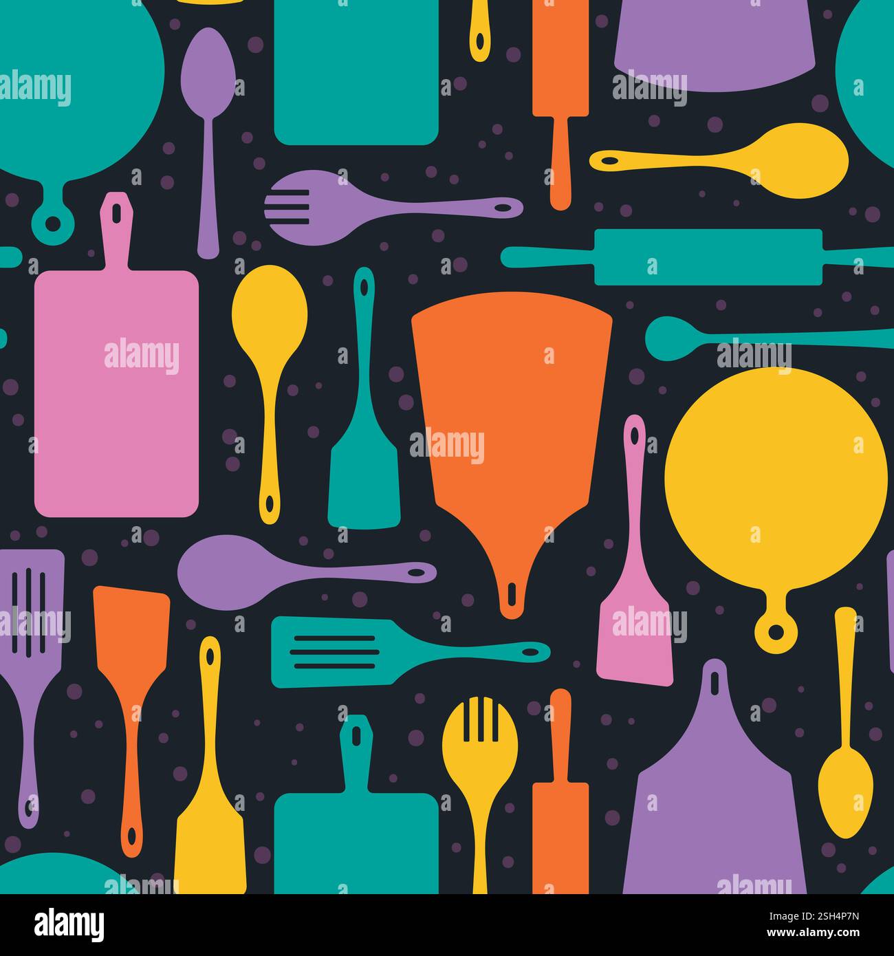Utensili da cucina sagomati con motivo senza cuciture. Forme ripetute di utensili, cucina, tema di cucina, utensili da ristorante. Tessuti per arredamento, involucri, carta da parati Illustrazione Vettoriale