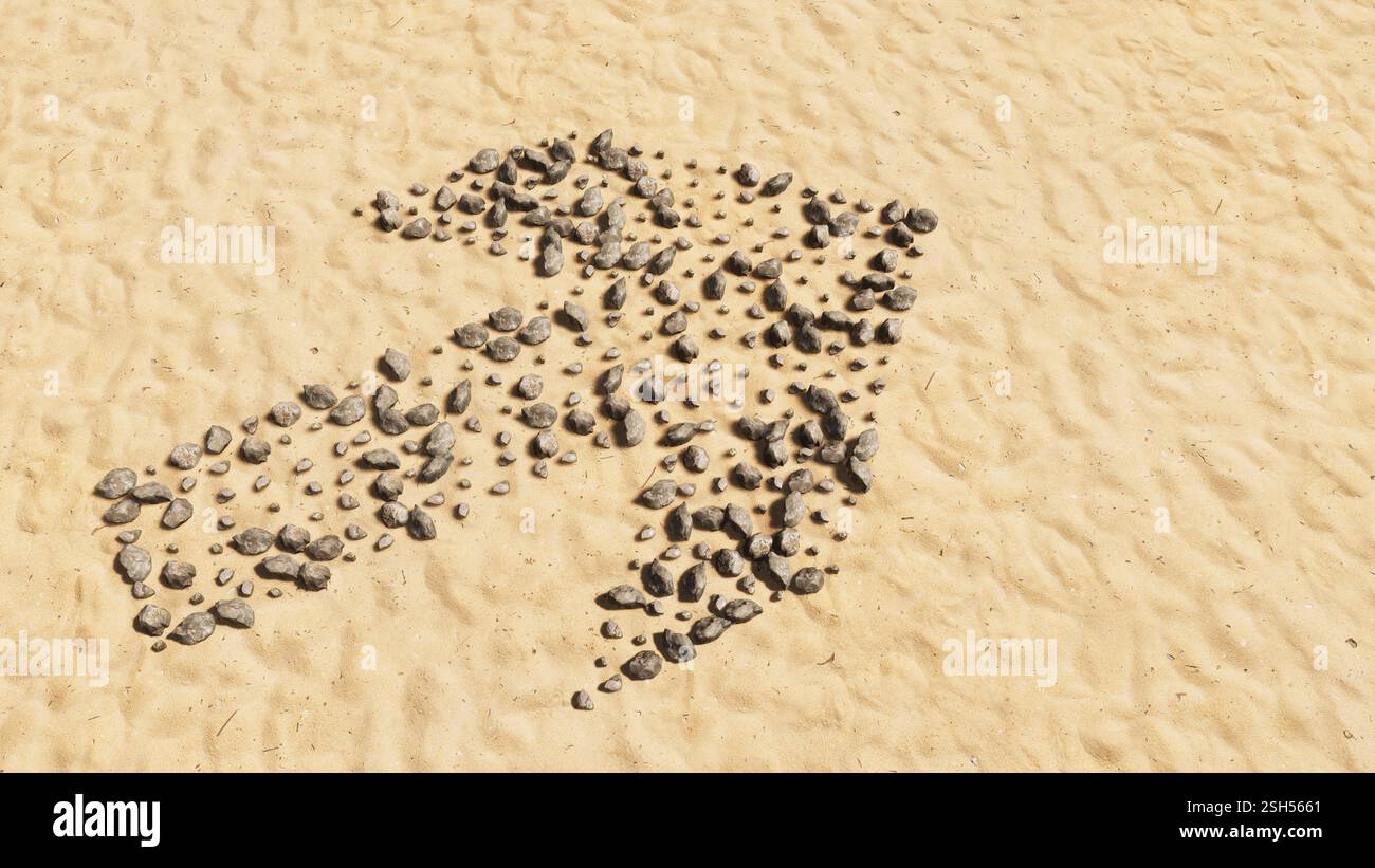Concept pietre concettuali sulla spiaggia sabbia simbolo forma fatta a mano, sfondo di sabbia dorata, segnaletica stradale. 3d metafora di illustrazione per la navigazione, strategia Foto Stock