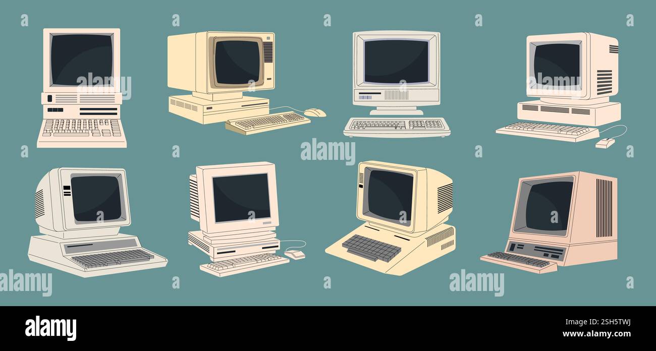 Dispositivi retrò. Tecnologie storiche apparecchiature elettroniche anni '80 e '90 computer di vecchio stile recente modello di immagini vettoriali piatte Illustrazione Vettoriale