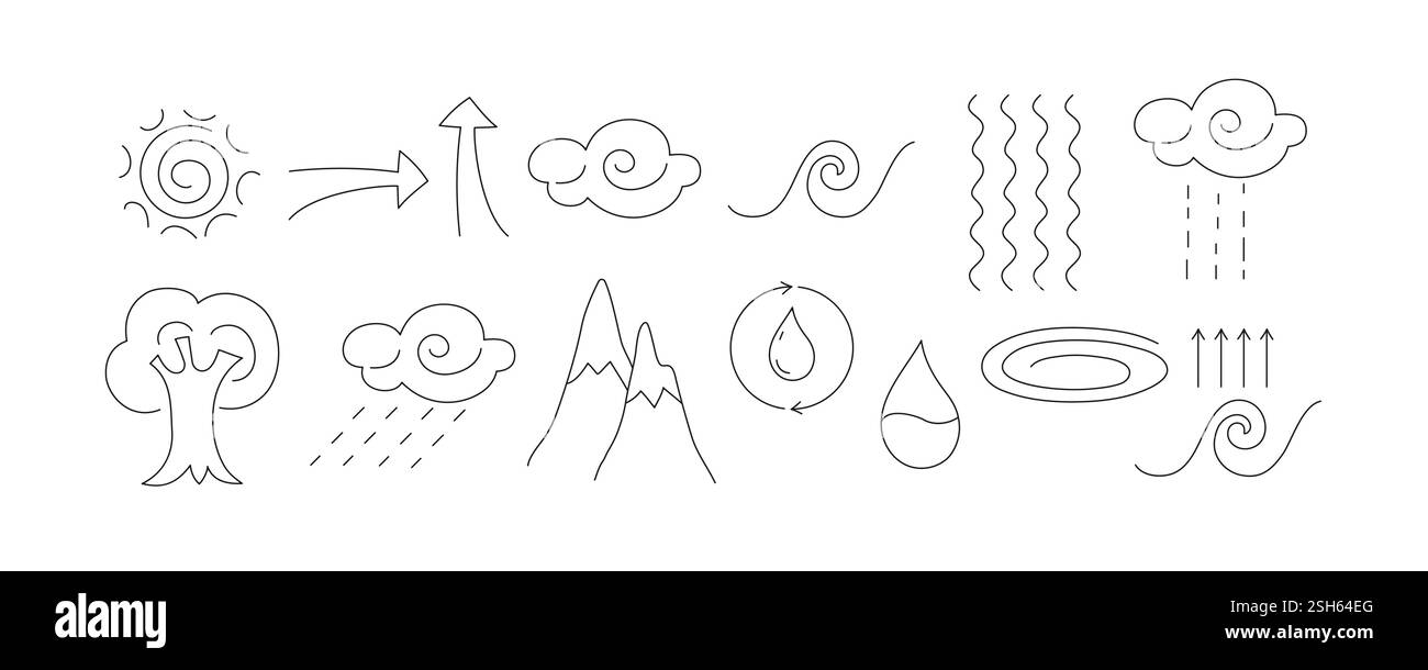 Illustrazioni che raffigurano elementi naturali e fenomeni meteorologici in uno stile semplice Illustrazione Vettoriale
