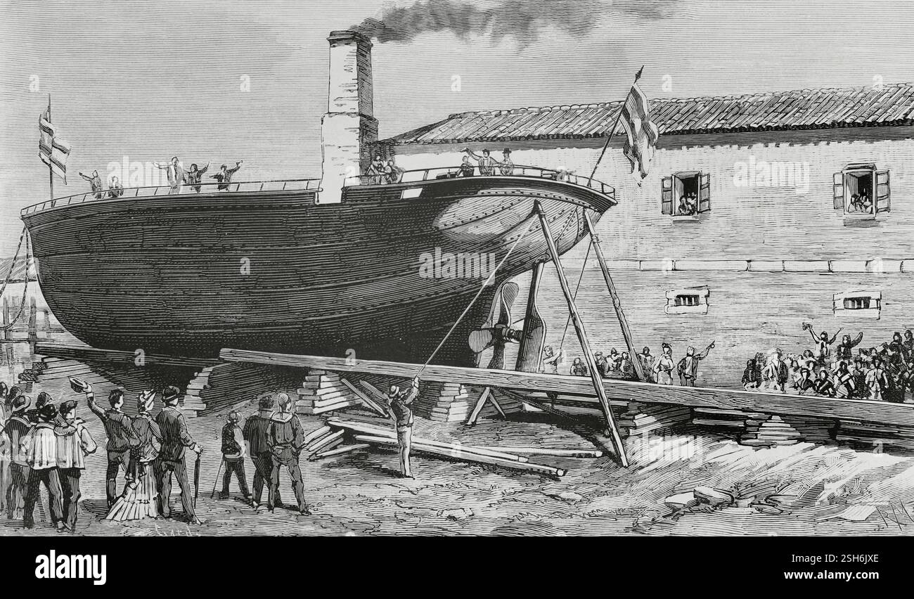 Industria spagnola, XIX secolo. Ferrol, Galizia. Lancio della prima nave in ferro costruita nei cantieri navali di Otero, Gil and Co., il 20 agosto 1884. Disegno di Monleón. Incisione di Capuz. The Spanish and American Illustration (la Ilustración Española y americana). 15 settembre 1884. Foto Stock