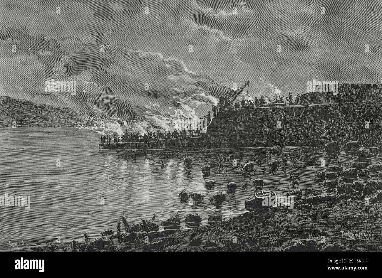 Cudillero, Asturie, Spagna. Lavori notturni alla costruzione della nuova banchina, approfittando della bassa marea. Tratto dalla vita di Tomás Campuzano (1857-1934). Incisione di Tomás Carlos Capuz (1834-1899). The Spanish and American Illustration (la Ilustración Española y americana). 15 dicembre 1884. Foto Stock