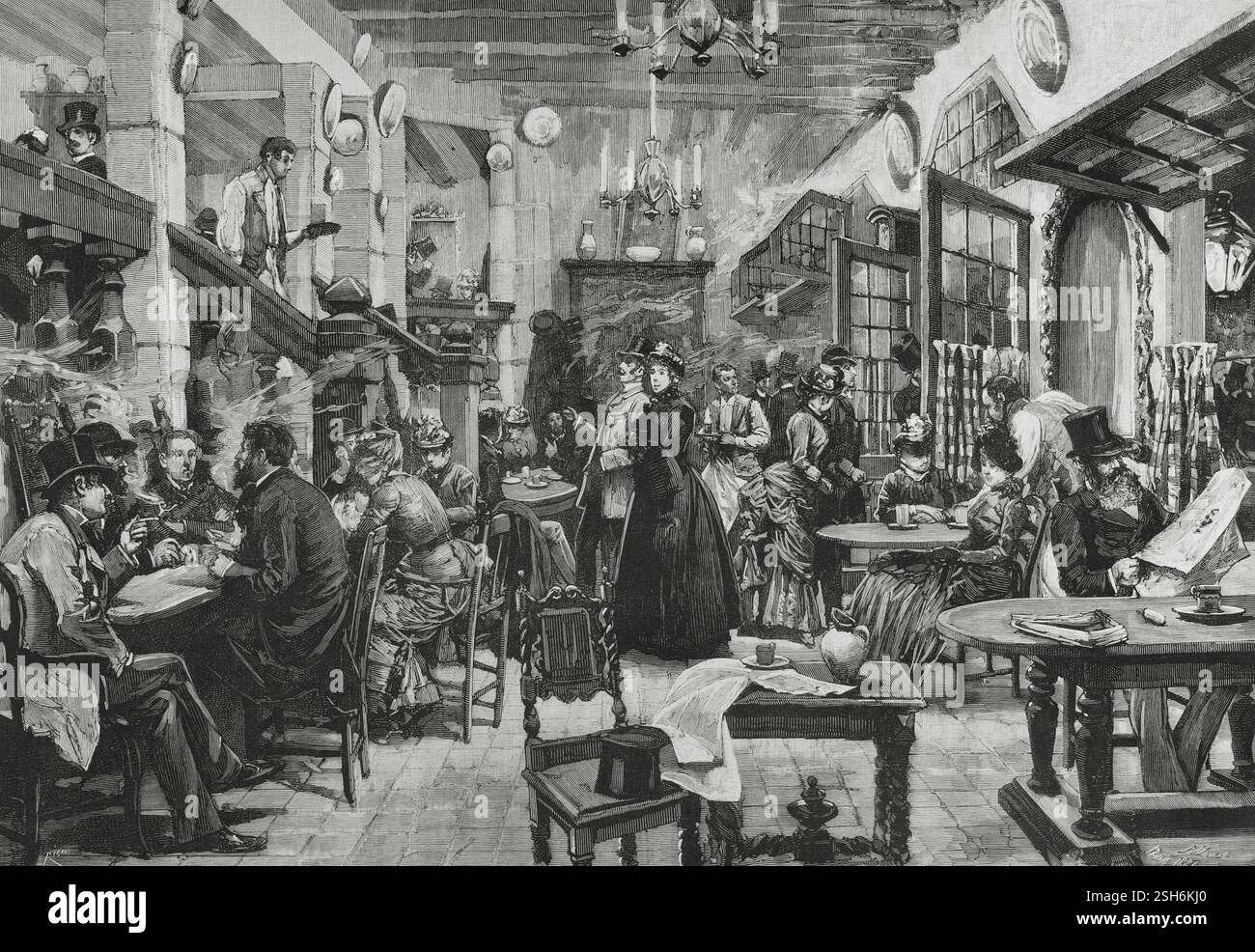 Parigi, Francia. Cabaret denominato «l'Auberge des Adrets». Ha replicato l'aspetto di una vecchia locanda. Vista della hall d'ingresso. Attingendo dalla vita di Pellicer. Incisione di Bernardo Rico (1825-1894). The Spanish and American Illustration (la Ilustración Española y americana), 1884. Foto Stock