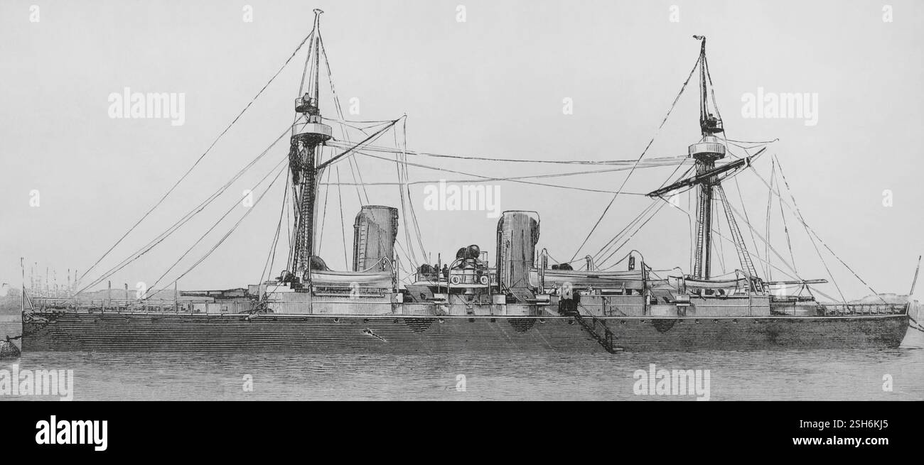 Marina cilena. Incrociatore protetto «Esmeralda», costruito con scafo in acciaio. Progettato da George Wightwick Rendel e William G. Armstrong, fu costruito nel cantiere navale W.G. Armstrong & Mitchell and Co. Ltd., Low Walker, Inghilterra. È stato lanciato il 6 giugno 1883. Arrivò in Cile il 16 ottobre 1884. Incisione. The Spanish and American Illustration (la Ilustración Española y americana), 1884. Foto Stock