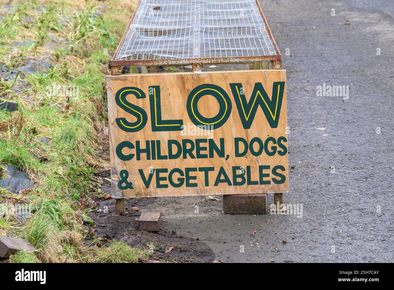 Un cartello Slow Children, Dogs and Vegetables al Bellahouston Nursery di Bellahouston Park, Glasgow, Scozia, Regno Unito, Europa Foto Stock