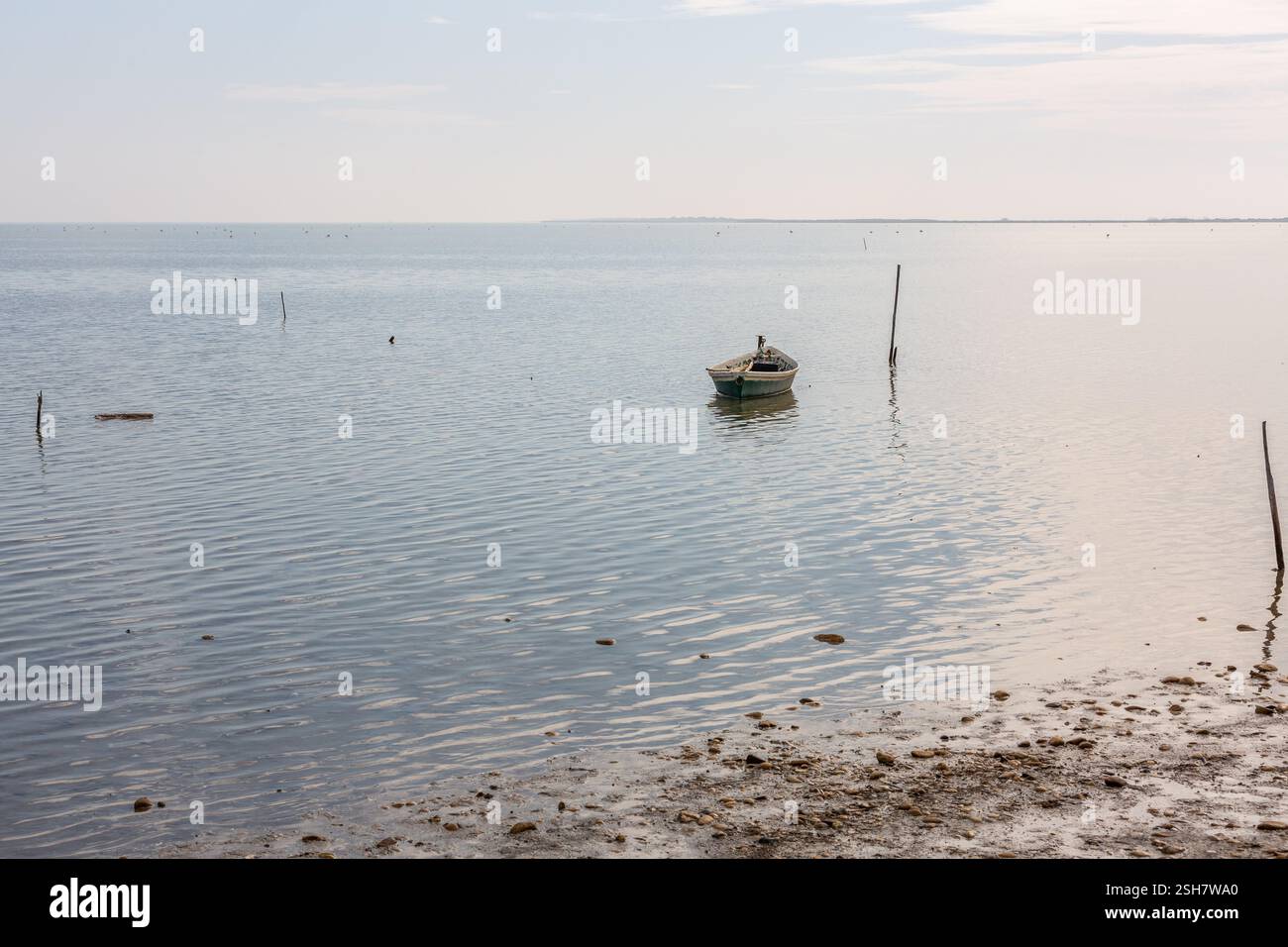 Camargue: Piccola barca da pesca ormeggiata su un palo su una spiaggia con la bassa marea. Foto Stock