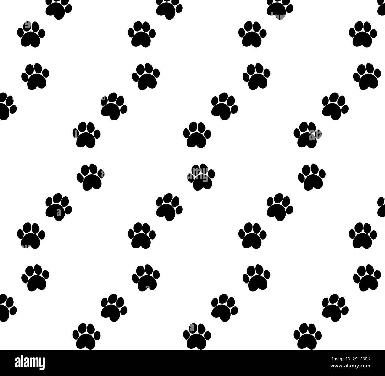 Il motivo senza cuciture delle orme dei cani da gatto fa scalini. Design semplice in bianco e nero. Stampa, sfondo, sfondo, vettore Illustrazione Vettoriale